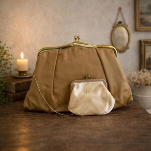 Vintage Beige Satin Clutch Purse With Gold Frame & Mini Coin Pouch Attached